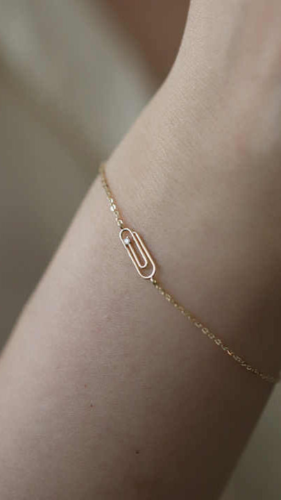 Gold Bracelet with Paperclip Charm and Cubic Zirconia Accent