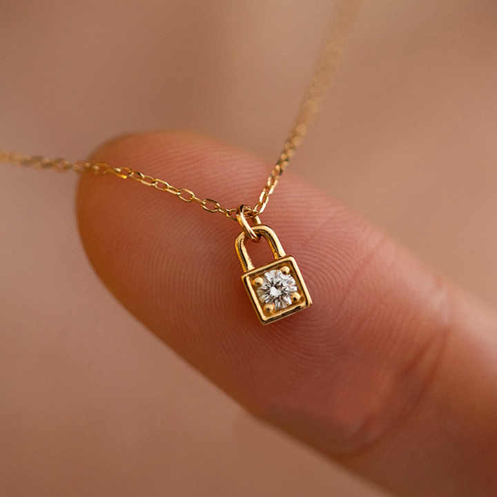 Gold Lock Pendant Necklace with Solitaire Accent