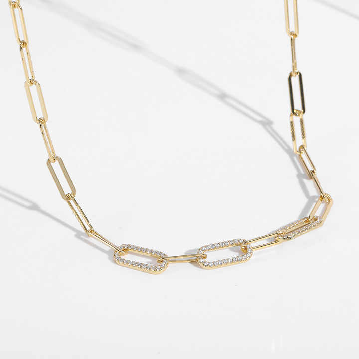 Gold Paperclip Chain Necklace with Alternating Pavé Links