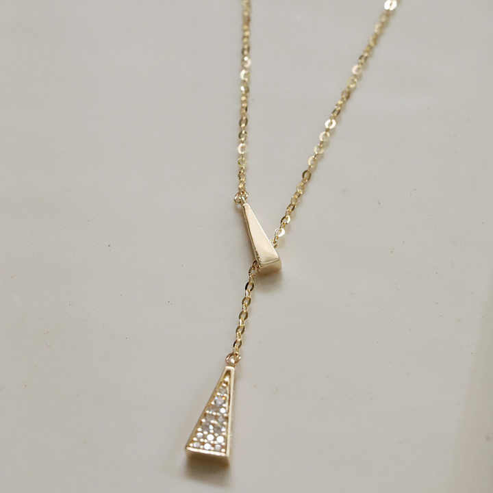 Gold Y-Drop Necklace with Geometric Pendants and Pavé Details