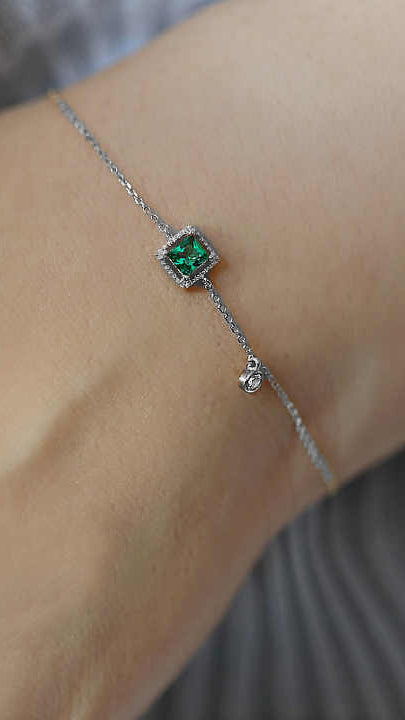 Silver Bracelet with Emerald-Cut Green Gemstone, Pavé Accents, and Bezel-Set Charm