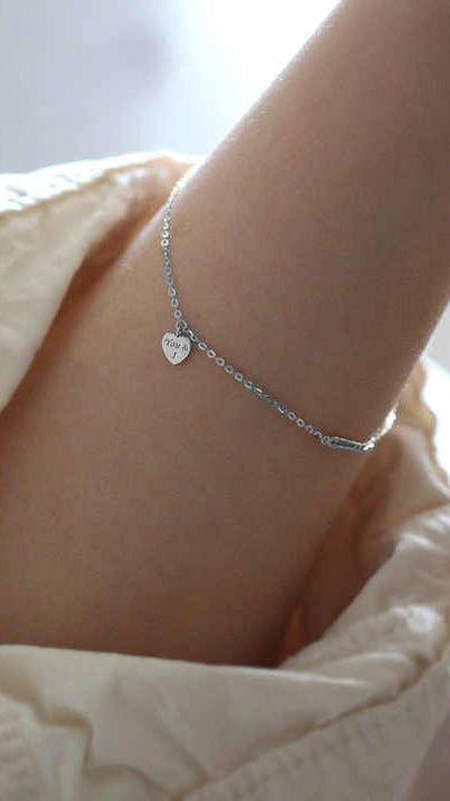 Silver Bracelet with Safety Pin Charm and Engraved Heart Pendant (You & I)