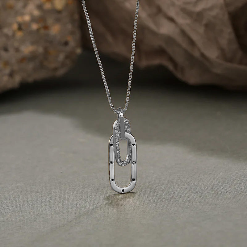 Silver "FOREVER" Engraved Oval Linked Pendant Necklace with Pavé Details