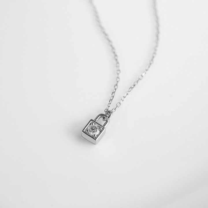 Silver Lock Pendant Necklace with Solitaire Accent