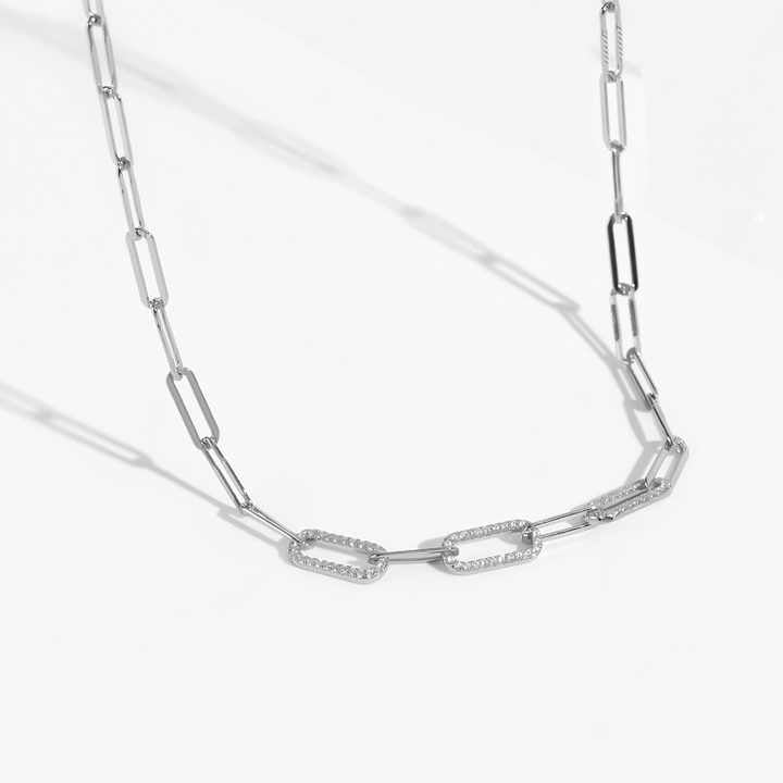 Silver Paperclip Chain Necklace with Alternating Pavé Links