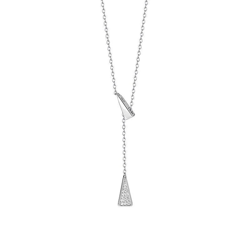 Silver Y-Drop Necklace with Geometric Pendants and Pavé Details