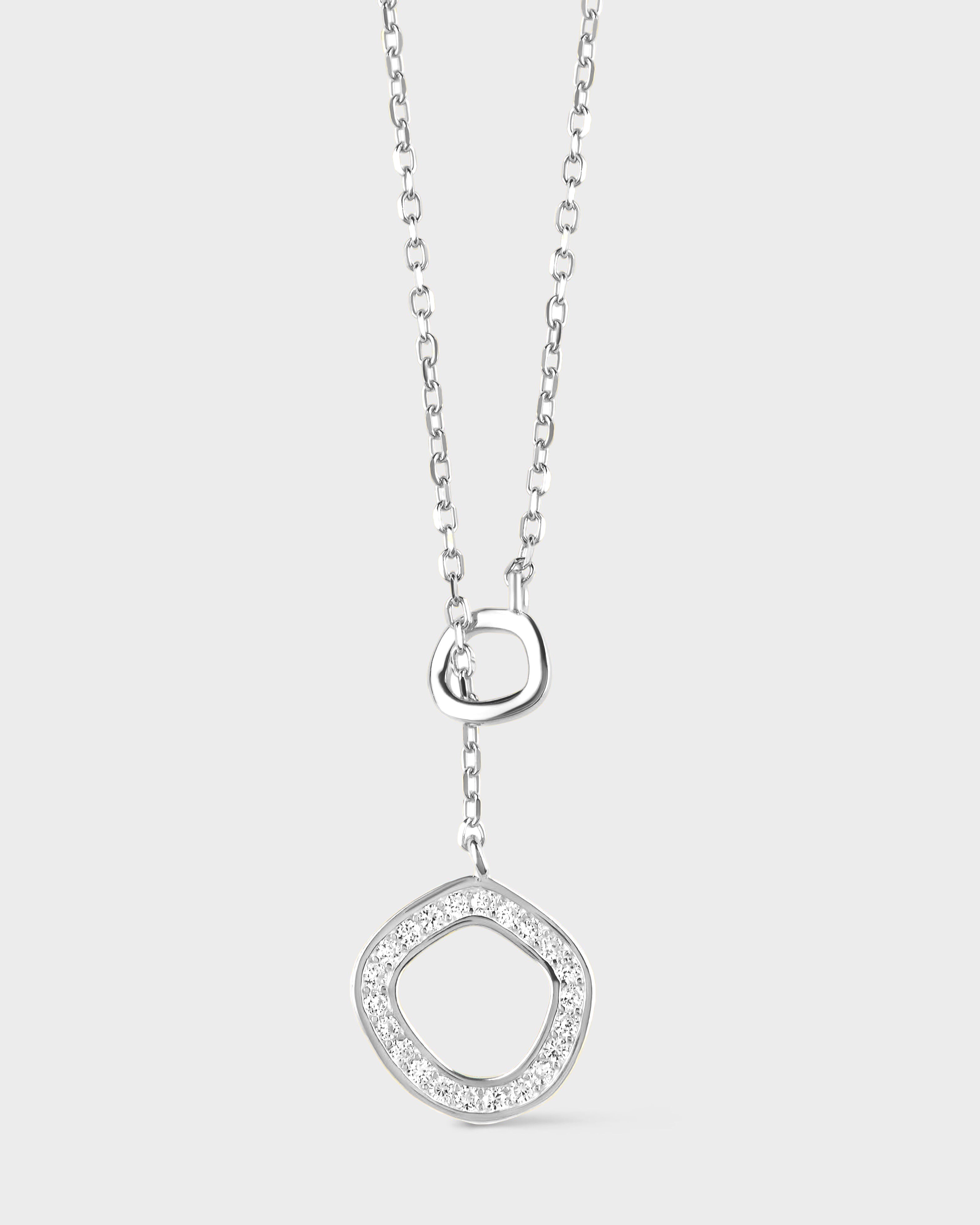 Silver Y-Drop Necklace with Pavé Geometric Ring Pendant