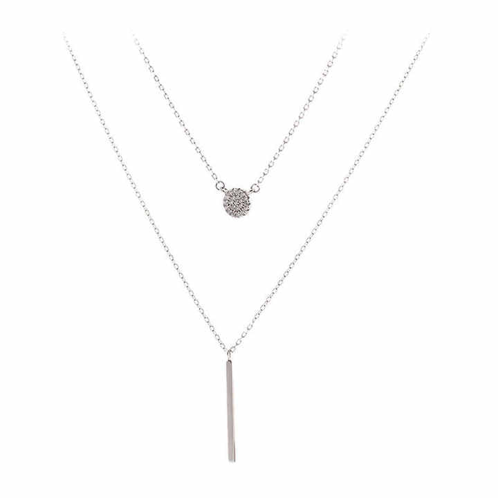 Sterling Silver Double-Layer Necklace with Pavé Disc and Bar Pendants