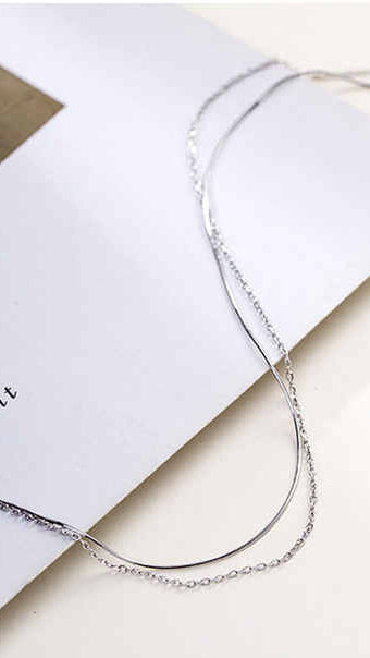 Sterling Silver Double-Layer Thin Snake and Tiffany Style Chain Necklace