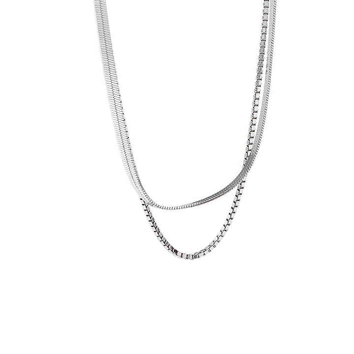 Sterling Silver Double-Layered Snake and Box Chain Necklace