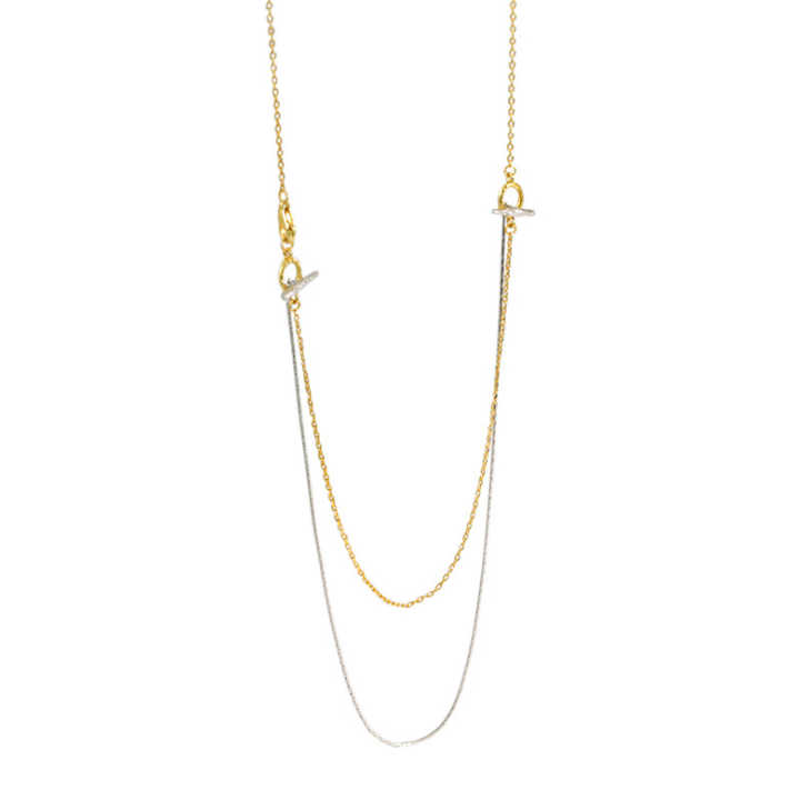 Two-Tone Double-Layer Slim Cross Snake & Tiffany Style Necklace with Toggles