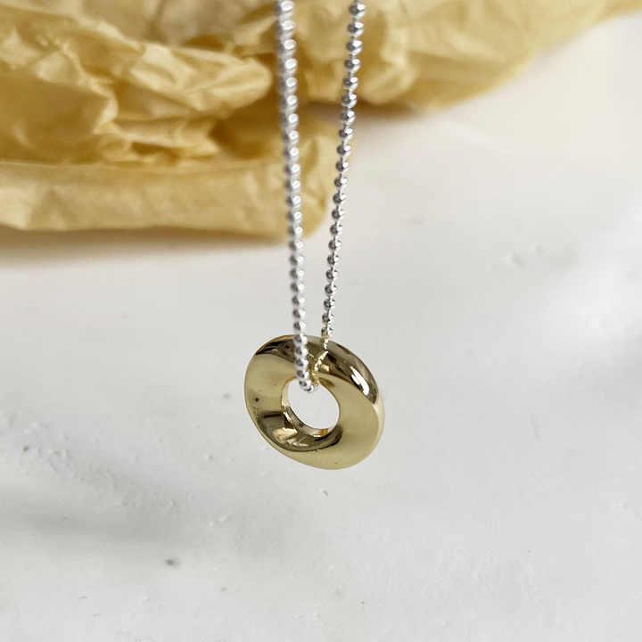 Two-Tone Silver Bead Chain Necklace with Gold Irregular Circle Pendant